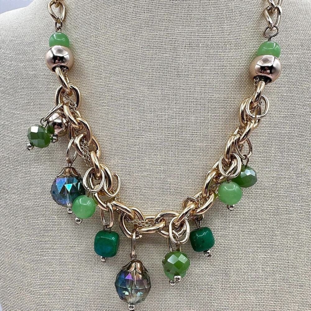 Vintage Y2K Green Beaded Crub Chain Necklace Gold Tone Women's Jewelry